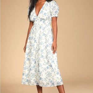 Visions of Spring White Floral Print Embroidered Midi Dress size Small